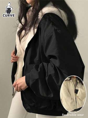 Plus Size Women's Reversible Sherpa Jacket, Plus Size Silhouette Slimming, Casual Versatile Utility Style Warm Two-Way Wear Bomber Top