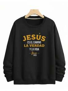 Sudadera para hombre estilo religioso con frase inspiradora, algodón cómodo, corte holgado, cuello redondo, manga larga, para otoño e invierno, ideal para iglesia y reuniones - Negro - Ver 1