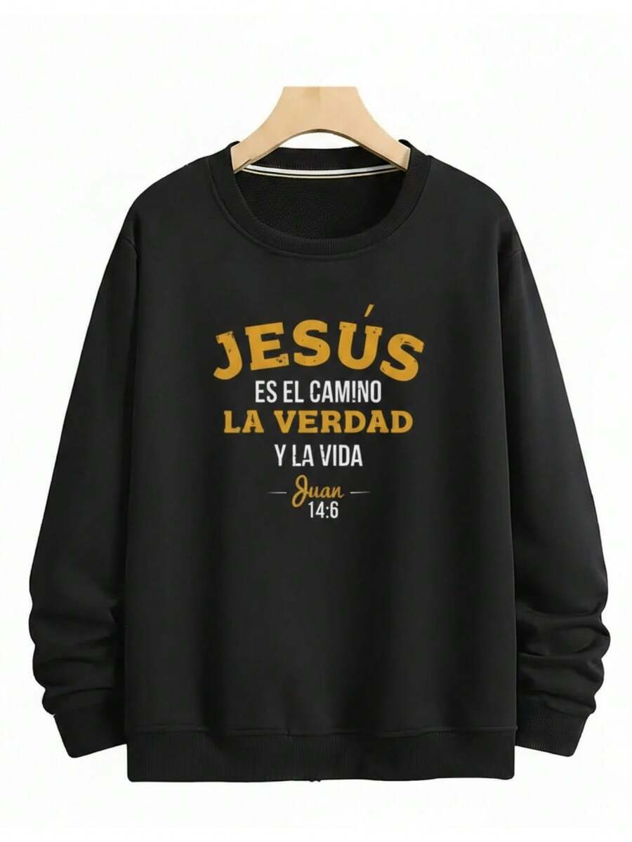 Sudadera para hombre estilo religioso con frase inspiradora, algodón cómodo, corte holgado, cuello redondo, manga larga, para otoño e invierno, ideal para iglesia y reuniones - Negro - Ver 1
