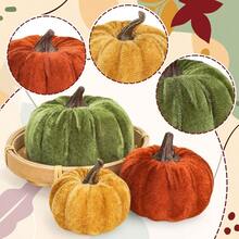 - 12 Calabazas Artificiales, 3 tamaos, Calabazas de Espuma con Terciopelo Falso en Color Naranja, caf y Caqui, pequea decoracin de Cosecha de otoo, Accin de Gracias y Halloween - Naranja, Amarillo, Verde - Ver 4