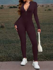 Mystra 女士休闲撞色罗纹拉链连体裤 - 中紫紅色 - 查看 2