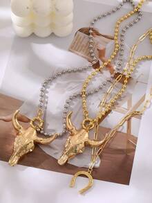 1pc Unique Western Cowboy Style Gold-Tone Beaded Horseshoe & Bull Head Alloy Pendant Necklace, Suitable For Women's Outings, Daily Wear, Parties, Western-Themed Travels And Music Festivals. 18K Gold Plated Hip-Hop Punk Versatile Jewelry, Gold Accessories, Gift For Friends And Loved Ones - Gold - View 9