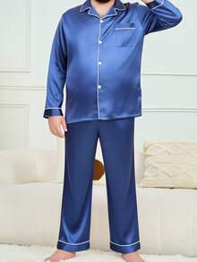 男士真丝缎面长袖衬衫长裤家居服套装，四季皆宜，冬季服装 - 藍色 - 查看 2