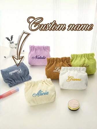 1pc Customized Girl's Mini Cosmetic Bag, Personalized With Name/Text, Soft Corduroy Material Makeup Organizer Pouch, Compact Travel Bag, Birthday/Valentine's Day Gift - Available In Pink, Green, Blue, Brown, White - Suitable For Storing Cosmetics, Jewelry, Coins, Keys - Perfect Personalized Gift
