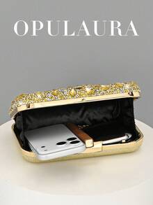 Bolso de mano de lujo para mujer OpulAura, con caja mini brillante con diamantes de imitación en color dorado, bolso de noche con brillo para ocasiones formales, bolso de fiesta/boda/gala de moda con cadena