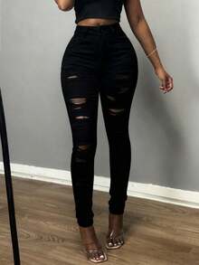 Four Seasons Casual Ripped Pocket Skinny Jeans Mid-Rise Comfortable Skinny Jeans - màu đen - Xem 7