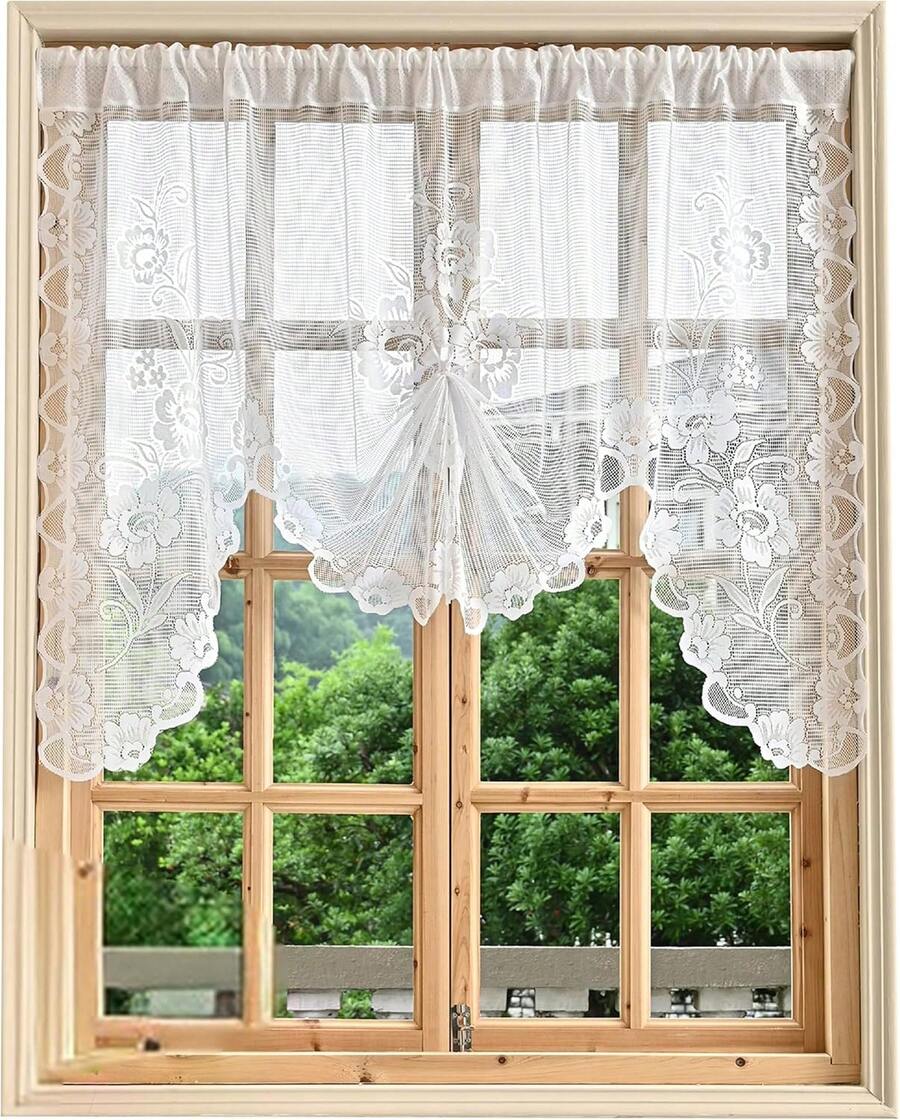 Beige Floral Lace Curtain Swag - Semi-Sheer Rod Pocket Valance For Kitchen, Bathroom, Living Room & Bedroom Half Window, Vintage Farmhouse Decor, 59x39 & 70x39 Inch Options, 1 Panel - 米色(59x39Inch) - 查看 1