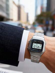 Unisex Retro Stainless Steel Band Square Dial Digital Watch With Calendar, Alarm And Stopwatch Functions, Waterproof, Suitable For Daily Wear A158WA-1 - Black - View 5