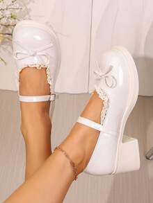 2025 New Women's PU Leather Mary Jane Shoes: Chunky Heel Thick Sole Round Toe Bow Decor Lace-Up Design, Comfortable Casual Everyday Shoes - White - View 4