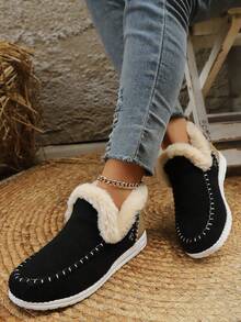 Women's Fluffy Flat Slip-On Sneakers, Comfortable With Warm Fuzzy Lining, Casual Cozy Shoes For Winter - Black - View 5