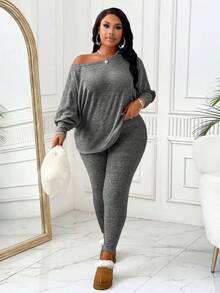 BIUBIU 大码女式纯色圆领蝙蝠袖上衣和裤子休闲套装，春秋季优雅款 - 花灰色 - 查看 3