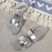 Women's Solid Color Flat Sandals, Casual Elastic Band Summer Shoes, Slip-On Beach Shoes - Silver - View 14