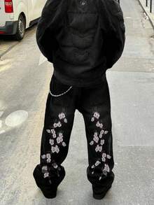 Y2K Hip Hop Rock Style Jeans, Cherry Blossom Embroidered Jeans, Street Vintage Loose Wide Leg Jeans, Retro Denim Pants - Black - View 7