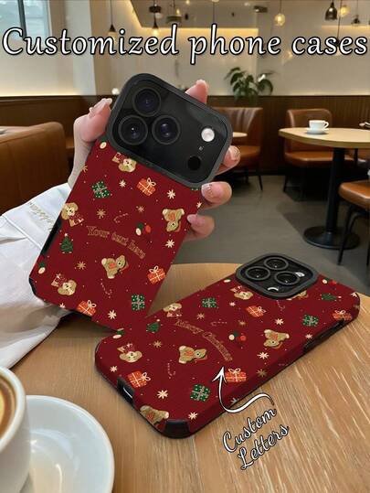 1pc Customized Name, Red Christmas Premium Pattern, Vertical Toothpick Texture PU Leather Anti-Drop Anti-Fingerprint TPU Soft Case Compatible With Iphone 17 Pro Max/16 Pro Max/15 Pro/14 Plus/13 Pro/12 Pro Max/11/7P/XS/XR And Phone Accessories