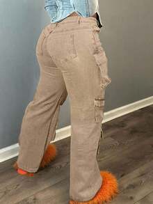 Women's Fashionable Casual Straight Leg Workwear Jeans, Workwear Pants, Workwear Winter Pants, Multi Pocket Storage, Suitable For Parties, Birthday Parties, Nightclubs, Nightclubs, Concerts, Press Conferences, Music Festivals, Electronic Music Festivals, Etc - Màu be - Xem 5