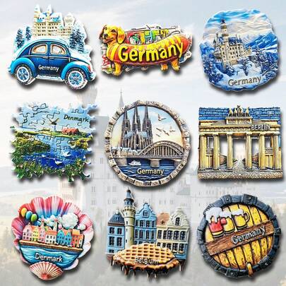 1/2pcs Resin Fridge Magnet Travel Souvenirs, Germany Berlin, Denmark Copenhagen, Belgium Cologne Cathedral, Neuschwanstein Castle Munich, Rothenburg, Danish Fairytale, Belgian Waffle, Brussels, Magnetic Wall Decor, Creative Gift For Bedroom, Kitchen, Home Decor, Germany Tour