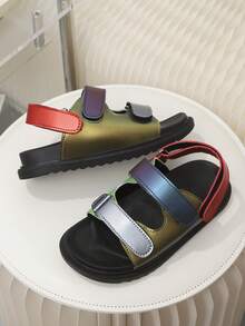 1 Pair Candy Color Thick Sole Hook & Loop Beach Sandals, Kids Open Toe Sandals, Baby Soft Bottom Shoes, Color Block Hook & Loop Decor, PU Material, Easy To Match Flat Heel, Outdoor Fashion Casual Shoes For Summer - Red Violet - View 5