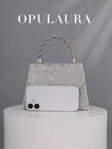 OpulAura 女士时尚银色水钻翻盖晚宴包，闪耀优雅奢华水晶装饰派对手拿包/单肩包，适合搭配正式礼服、参加派对、盛大晚宴、生日庆典、新娘配饰、婚礼等场合。 - 銀色 - 查看 9