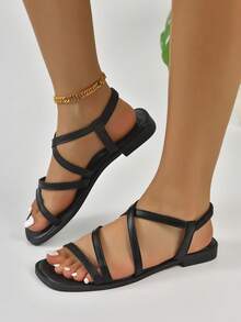 2 向穿透明休闲时尚百搭皮革外观平底凉鞋，带后带，适合女士，夏季