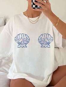 Women's White & Blue Tropical Seashell & Starfish Print T-Shirt - Soft Breathable Short Sleeve Beach Shirt, Loose Fit Casual Summer Top With Turquoise Shell Design, Machine Washable For Pool Parties, Vacation Outfits & Casual Attire - 黑色 - 查看 6