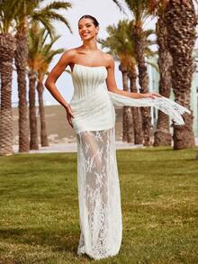 女士优雅无肩带婚纱 – 竖条纹、褶裥紧身胸衣和薄纱花卉蕾丝曳地长裙，适合新娘、春季连衣裙和夏季服装 - 白色 - 查看 5