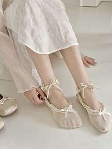1pair White Ballet Shoes Socks For Women With Lace Tie Short Socks,Japanese Style, Fall - White - View 12