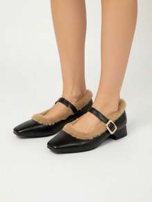 2025 New Autumn/Winter French Retro High Heel Furry Mary Jane Shoes, Soft Leather Thick Heel Pumps - Black - View 4