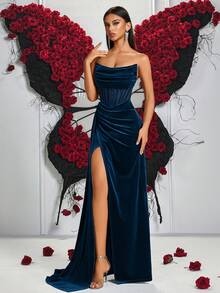 女士优雅纯色心形领口系带长裙，前开衩露背设计，正式晚礼服（不含手套） - 海藍色 - 查看 6