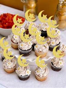 12/24 件装闪光月亮星星纸杯蛋糕装饰插牌，穆蛋糕装饰插牌，闪亮新月和星星蛋糕签，生日婚礼穆派对蛋糕装饰用品 - 彩色 - 查看 2