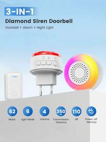 三合一无线门铃报警器，350米远距离迎宾门铃，警报门铃，62首铃声，6种闪烁模式，适用于室内/室外/卧室/客厅/庭院/车库 - 查看 2