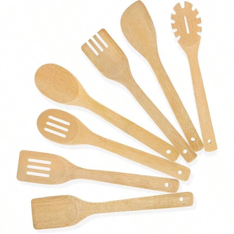 [7-PCS] Wooden Spoons For Cooking Is For All Kitchen. Made From Bamboo Wood Wooden Spatula Wooden Spoon 11.8 In. And Non-Stick Surface Suitable For Home Chef Use Or Gift For Someone Special. - 如圖 - 查看 1