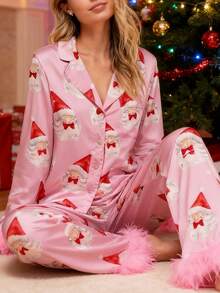 Women Y2k Silk Satin Christmas Pajamas Sets Xmas Tree/Santa Claus Print Plush Trim Long Sleeve Sleepwear Holiday Print Two Piece Pjs Pants PJs Set Loungewear - Đỏ và trắng - Xem 6