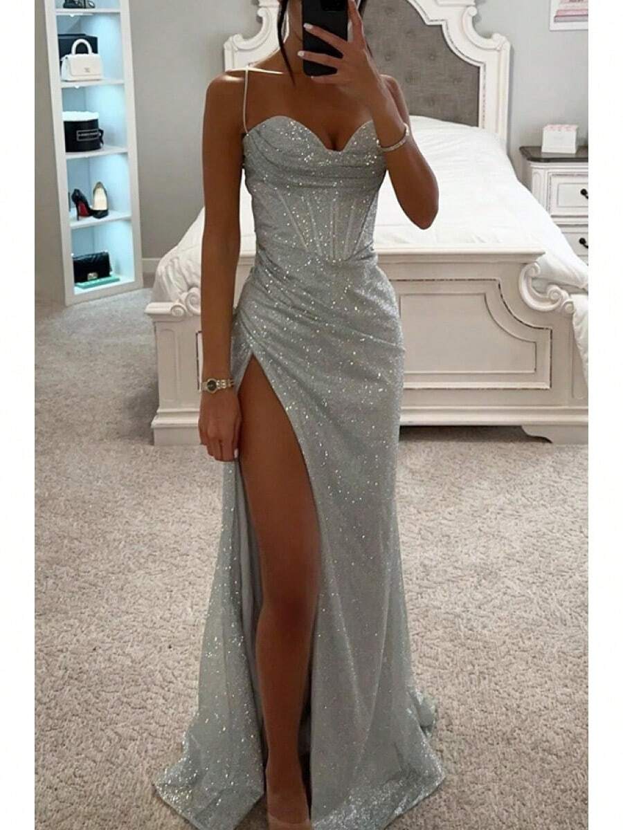 Women's Fashion Sexy European And American Hot-Selling Dress Long Gown Party Evening Dress - 銀色 - 查看 1