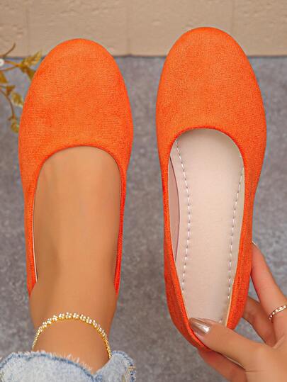 大码女式纯色优雅绒面革乐福鞋，橙色，时尚办公及户外休闲平底鞋，春秋季