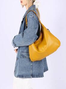 新款柔软皮革女士包，简约休闲单肩包，女士流浪包，简约腋下包，大容量手提包，适合工作通勤购物休闲 - 黃色 - 查看 5