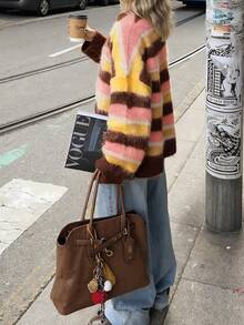 2025秋冬新款时尚小众圆领撞色条纹休闲长袖女式毛衣，羊毛材质 - 淺粉色 - 查看 3