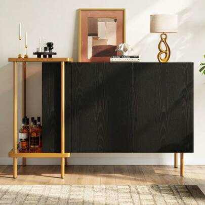 Modern Black Sideboard, 120x40x77.5 Cm, 2 Doors And 2 Open Shelves, Metal/Glass Frame, Integrated Coffee Table, Contemporary Design