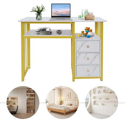 Marbling Texture Nail Desk Elegant Manicure Table With 3 Drawers, Stylish And Functional Workstation For Home Or Salon, Perfect For Nail Art And Manicures.