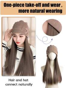 女士假发和帽子一体式设计，16英寸长直发合成假发，保暖柔软，适合秋冬季节佩戴。