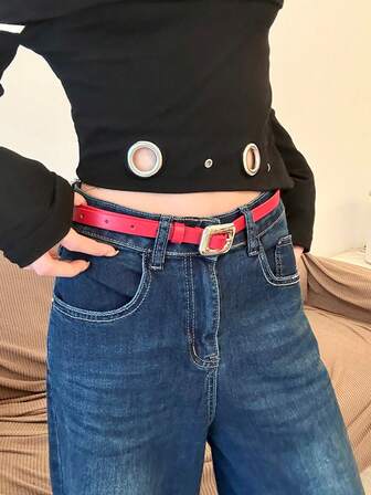 1条女士复古高端红色腰带，2025新款窄腰带，适合日常穿着