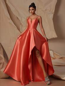 VIPGIRL 优雅橙色吊带高低摆连衣裙 - 橘色 - 查看 1