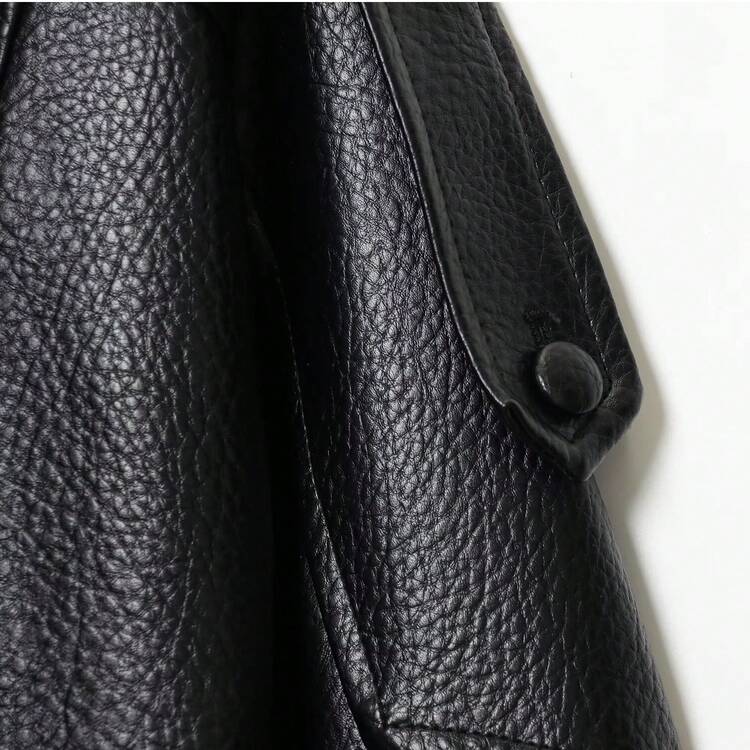 Jaqueta de Couro Solta Feminina para Outono e Inverno, Jaqueta de Motocicleta de Moda de Rua, Cor Sólida com Bolsos com Zíper Preto - Preto - Visão 9