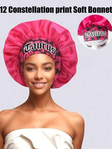 1件装真丝长帽，十二星座印花宽檐贴合长发帽 - 女士缎面睡眠帽，护发配件，柔软面料长帽，贴合帽型。睡眠帽 - 黑色-long bonnet-星座-1pc - 查看 5