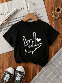 Young Boy Heart Gesture Print Round Neck Short Sleeve Casual T-Shirt - Black - View 3