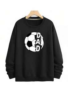 Sudadera para hombre estilo deportivo casual, estampado de balón de fútbol y letras "Dad", tela de algodón cómoda, corte holgado, cuello redondo, manga larga, para otoño/invierno, ideal para reuniones familiares, actividades deportivas y uso casual - Negro - Ver 1