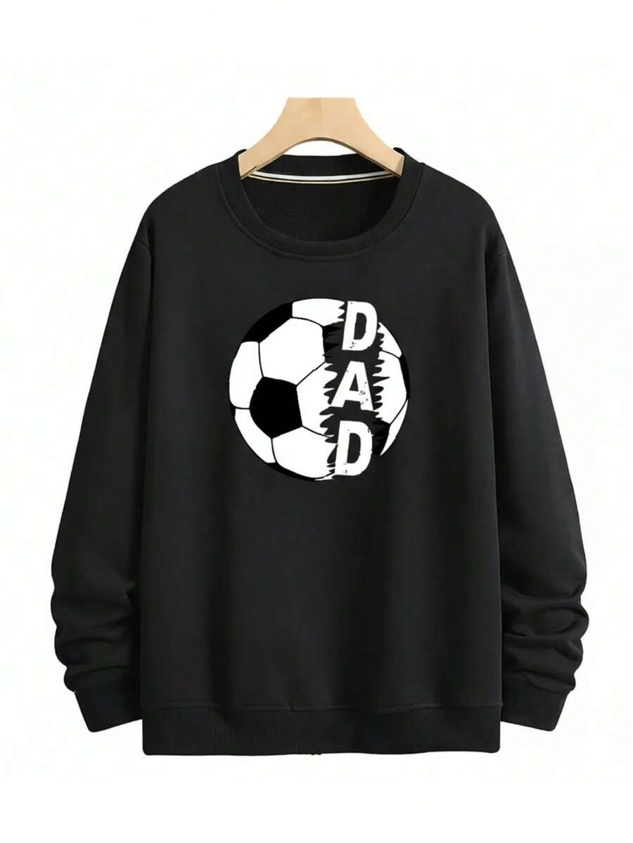 Sudadera para hombre estilo deportivo casual, estampado de balón de fútbol y letras "Dad", tela de algodón cómoda, corte holgado, cuello redondo, manga larga, para otoño/invierno, ideal para reuniones familiares, actividades deportivas y uso casual - Negro - Ver 1