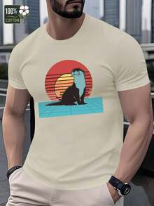 Camiseta de algodón sintético para hombre con diseño de atardecer vibrante, manga corta, cuello redondo, ligera y transpirable para el verano, ropa cómoda | Camiseta gráfica vibrante | Textura suave - Caqui - Ver 2
