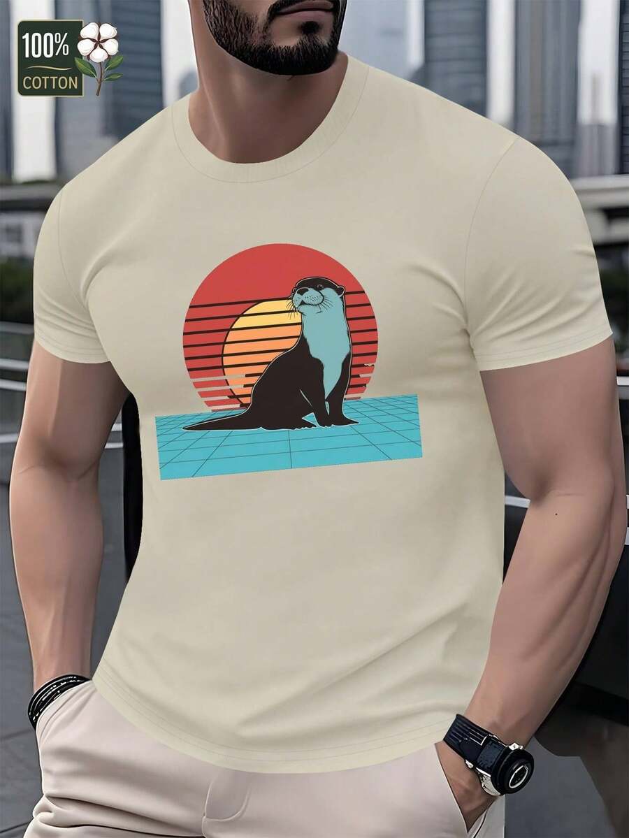 Camiseta de algodón sintético para hombre con diseño de atardecer vibrante, manga corta, cuello redondo, ligera y transpirable para el verano, ropa cómoda | Camiseta gráfica vibrante | Textura suave