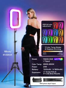 AXNEN 多功能手持LED补光灯，带手机笼支架，USB充电便携式手机直播摄影灯，配备可调节手机夹和冷靴接口，适用于内容创作、自拍补光、Vlog拍摄、手机配件、摄影配件 - 彩色 - 查看 12