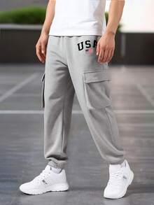 1pc Tween Boy Thick Thermal Lined Letter Print Casual Pants, Fashion Outdoor Cargo Trousers With Large Pockets, Comfortable For Autumn/Winter - Grey - View 3